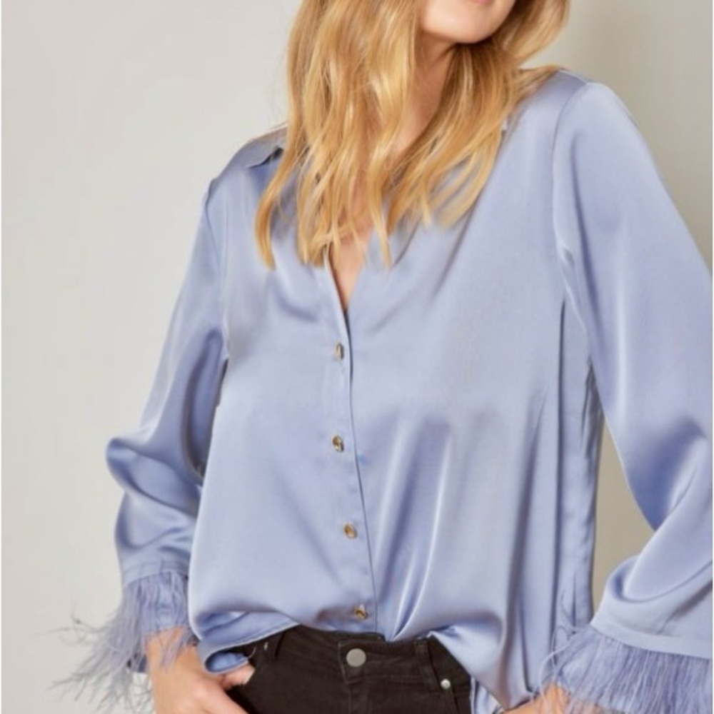 Entro Sky Blue Satin Blouse with Feather Cuffs